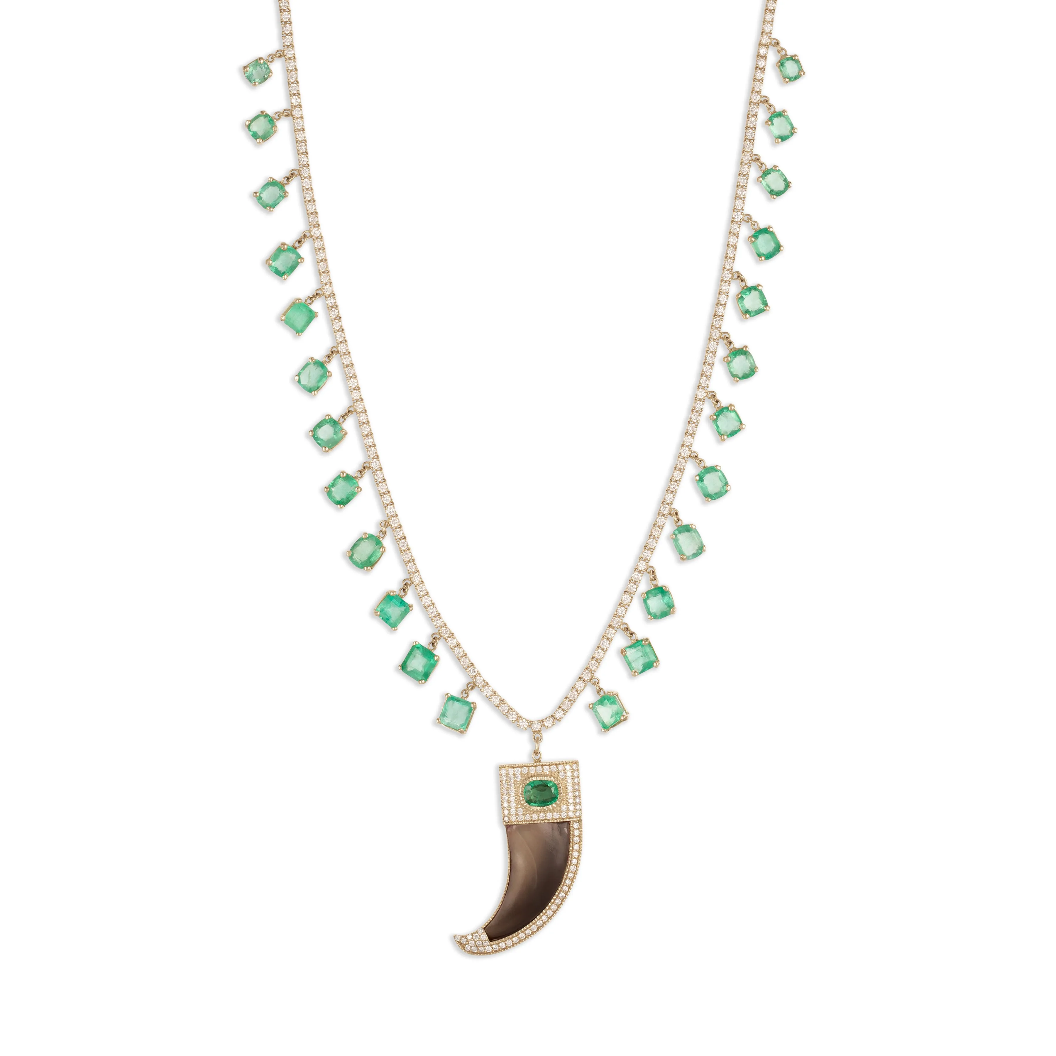 PAVE EMERALD CENTER CAP CLAW CHARM   EMERALD SHAKER TWIGGY DIAMOND NECKLACE