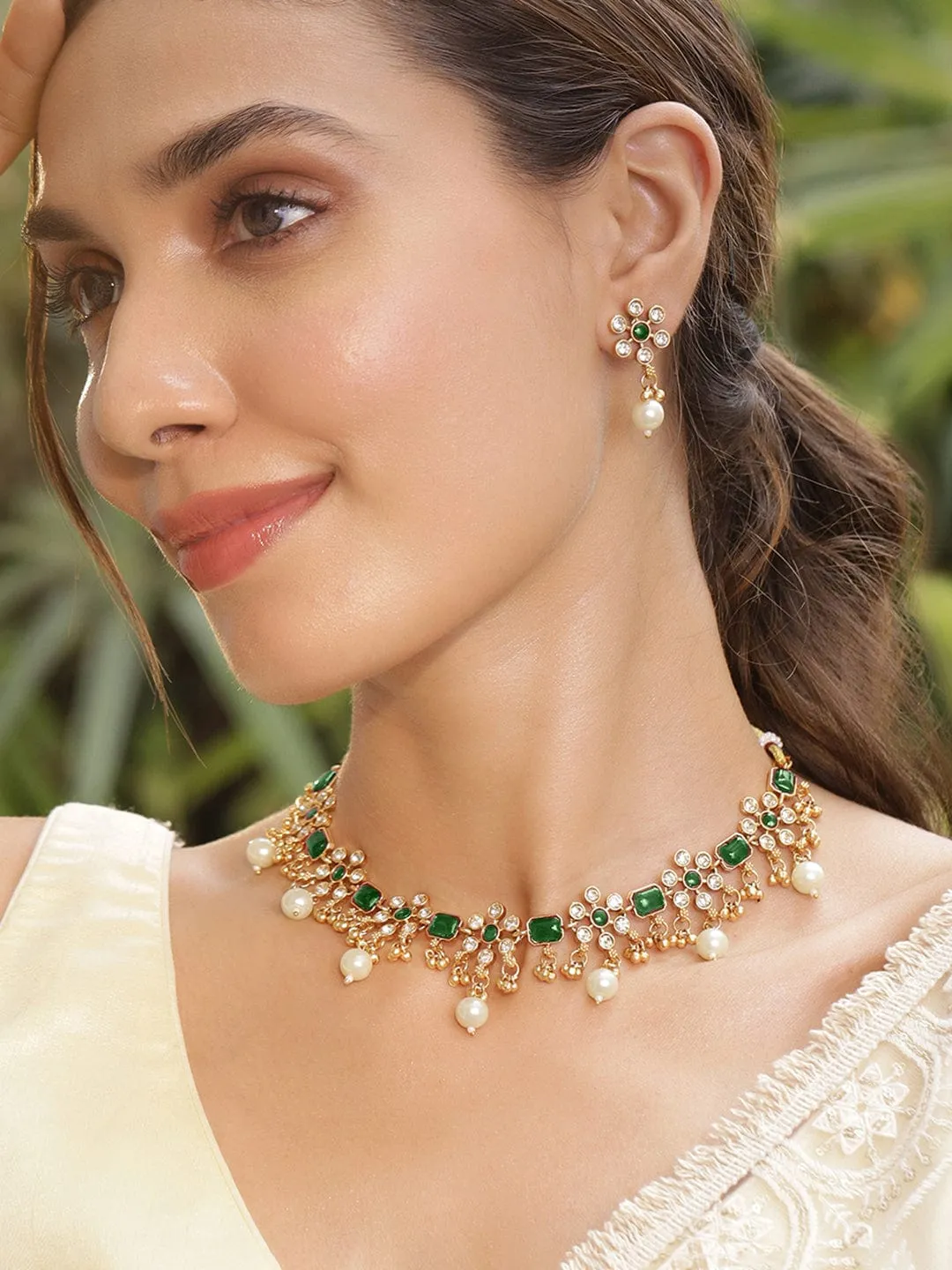 Premium 22K Gold Plated Emerald & Zirconia Studded Necklace Set with Gold & Pearl Beaded