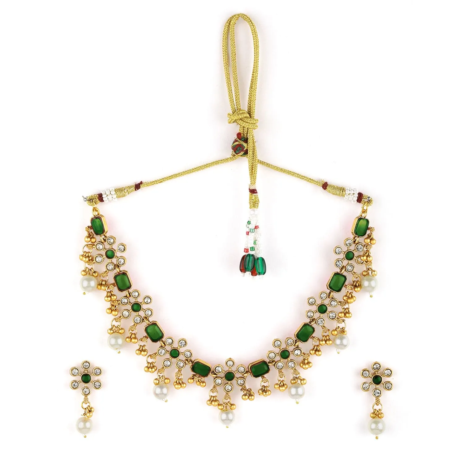 Premium 22K Gold Plated Emerald & Zirconia Studded Necklace Set with Gold & Pearl Beaded