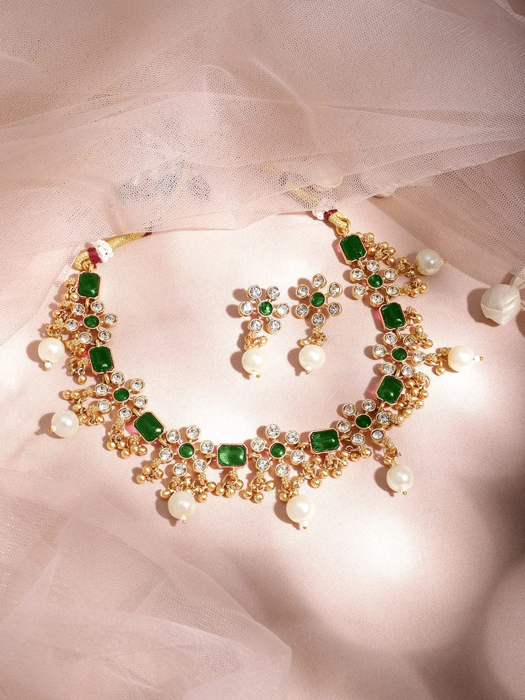 Premium 22K Gold Plated Emerald & Zirconia Studded Necklace Set with Gold & Pearl Beaded