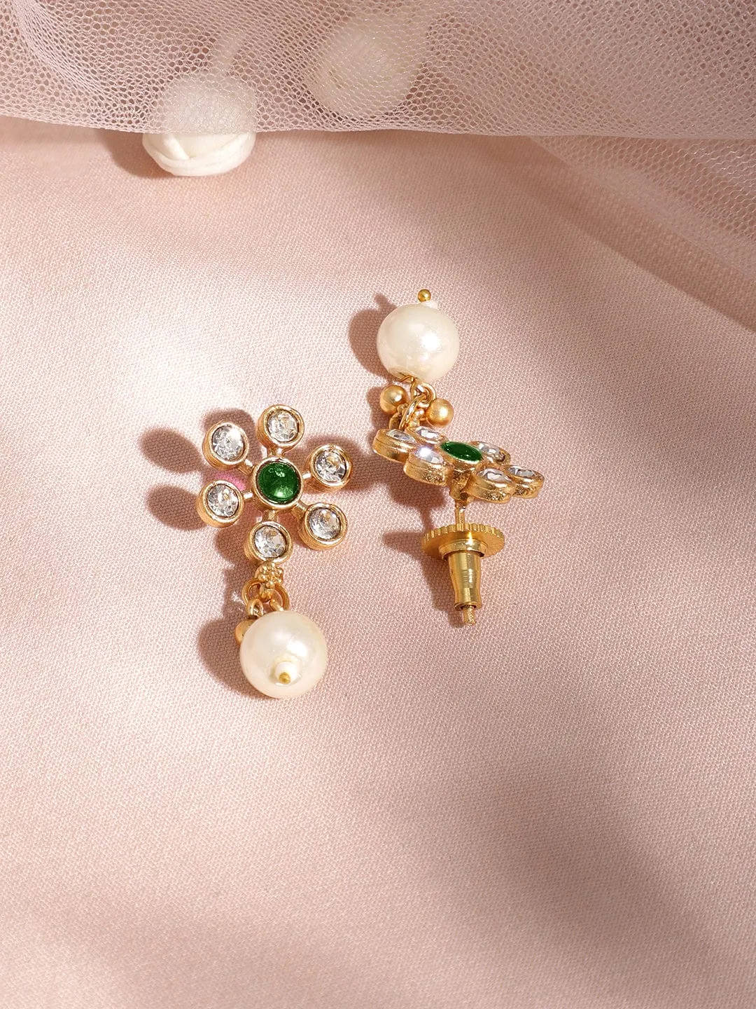 Premium 22K Gold Plated Emerald & Zirconia Studded Necklace Set with Gold & Pearl Beaded