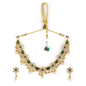 Premium 22K Gold Plated Emerald & Zirconia Studded Necklace Set with Gold & Pearl Beaded