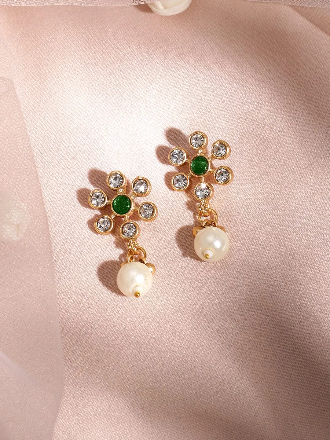 Premium 22K Gold Plated Emerald & Zirconia Studded Necklace Set with Gold & Pearl Beaded