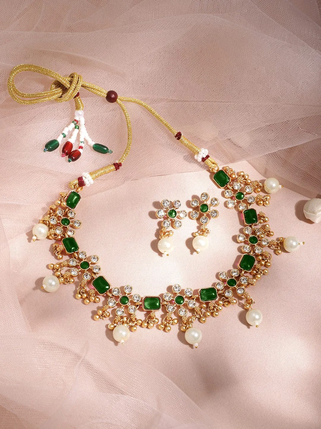 Premium 22K Gold Plated Emerald & Zirconia Studded Necklace Set with Gold & Pearl Beaded