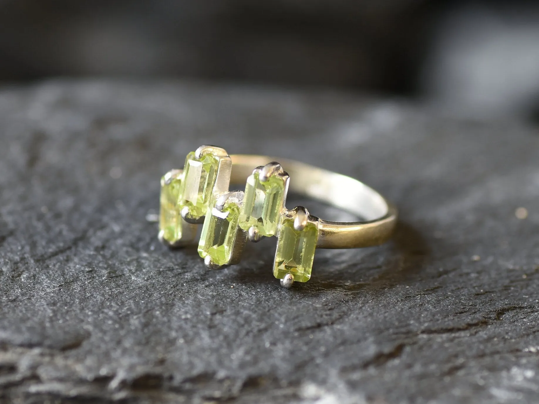 Real Peridot Ring - Natural Peridot Ring - Green Baguette Band
