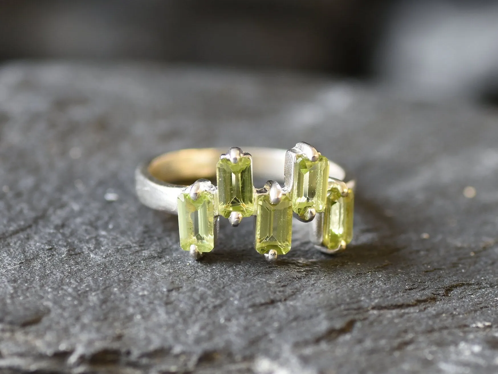 Real Peridot Ring - Natural Peridot Ring - Green Baguette Band