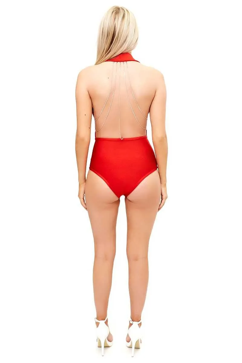 Rebekah - Red Plunge Chain Back Bandage Bodysuit
