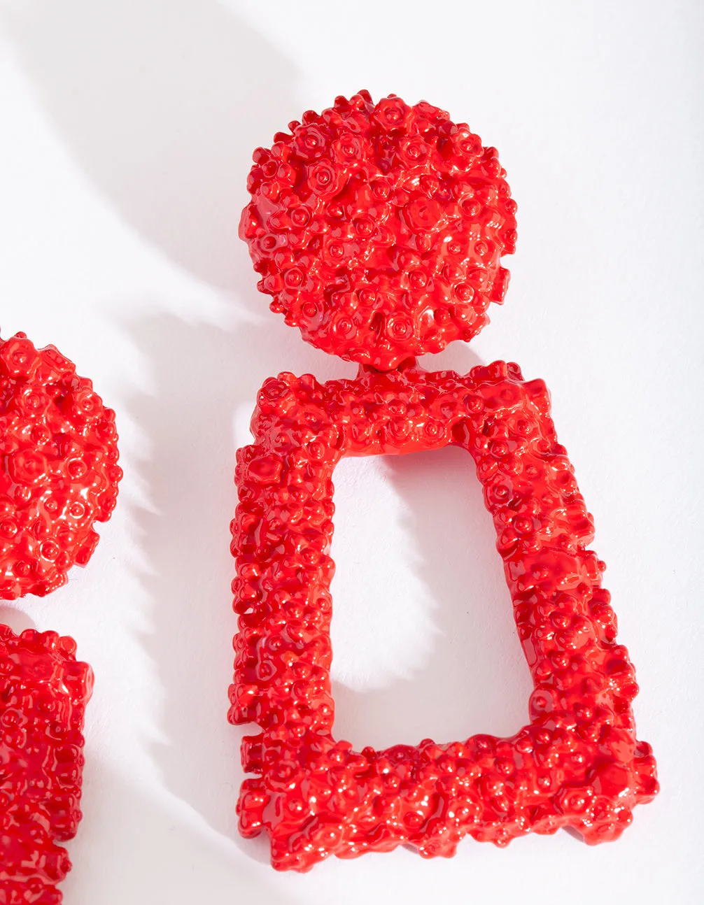 Red Textured Geometric Drop Earring