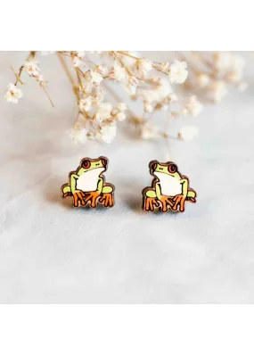 Robin Valley - Tree Frog Cherry Wood Stud Earrings