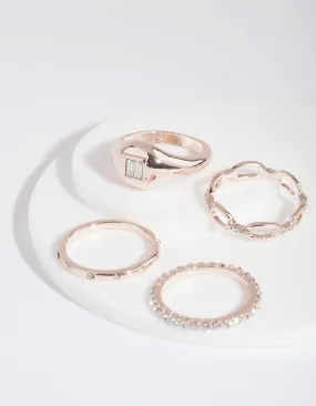 Rose Gold Diamante Signet Ring 4 Pack