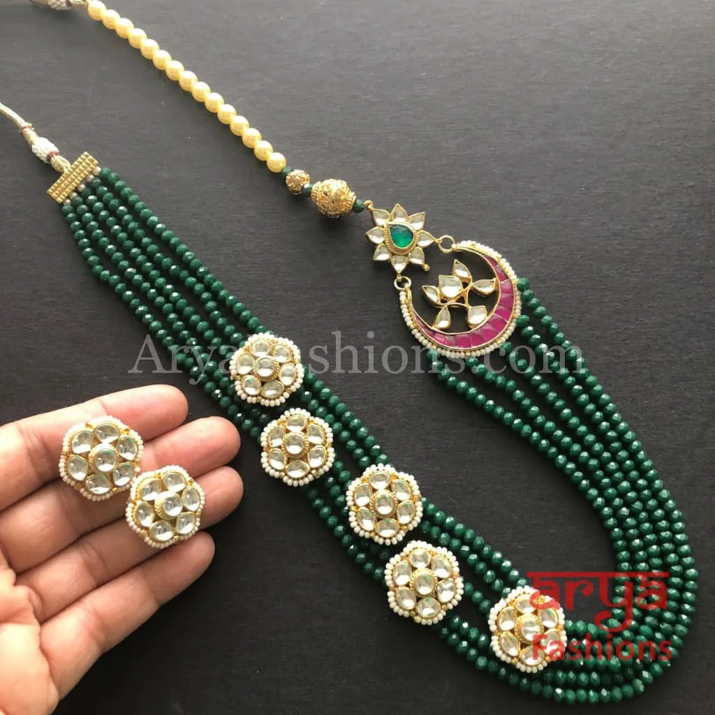 Roza Emerald Green Long Beads Necklace/ Jaipuri Green Ruby Kundan Necklace
