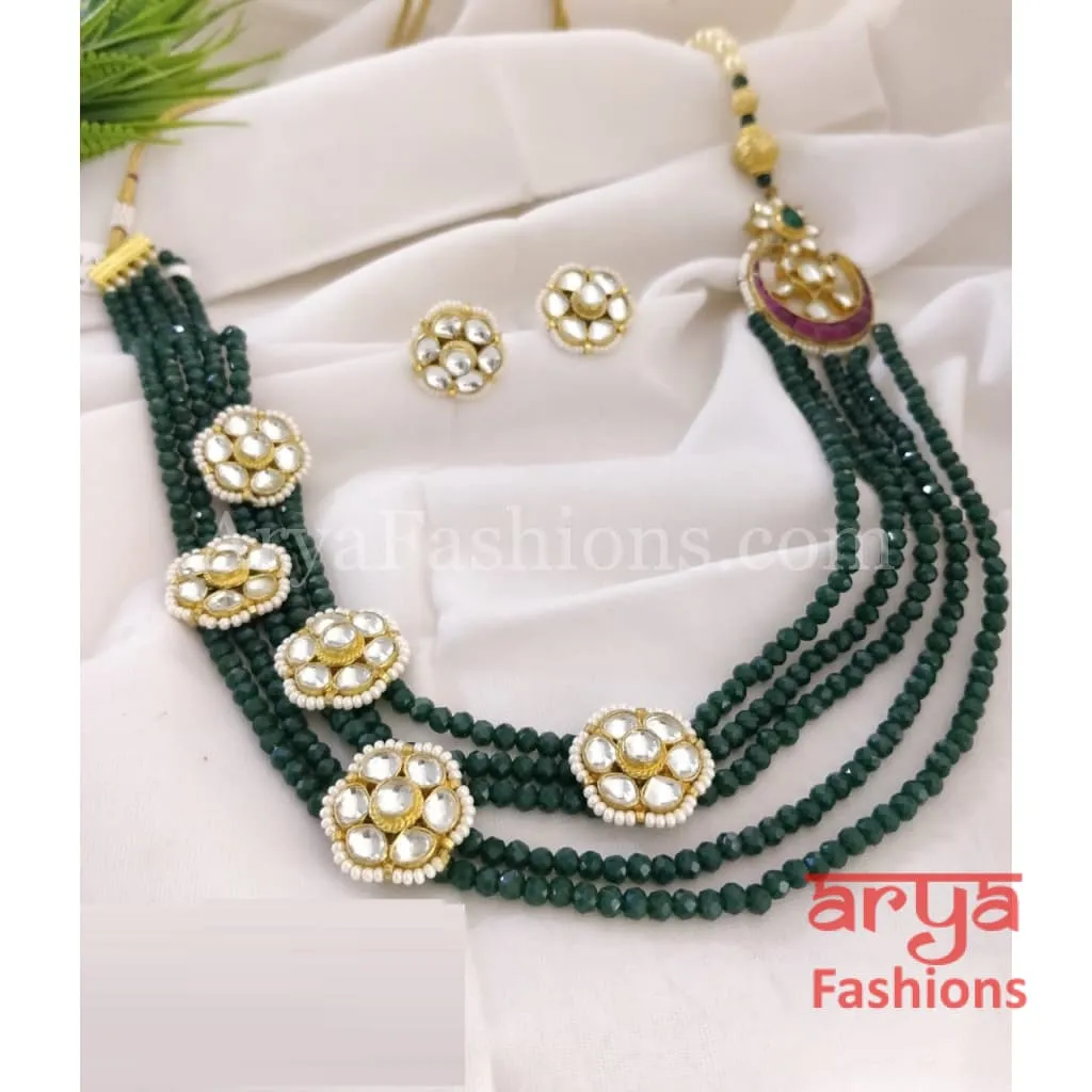Roza Emerald Green Long Beads Necklace/ Jaipuri Green Ruby Kundan Necklace