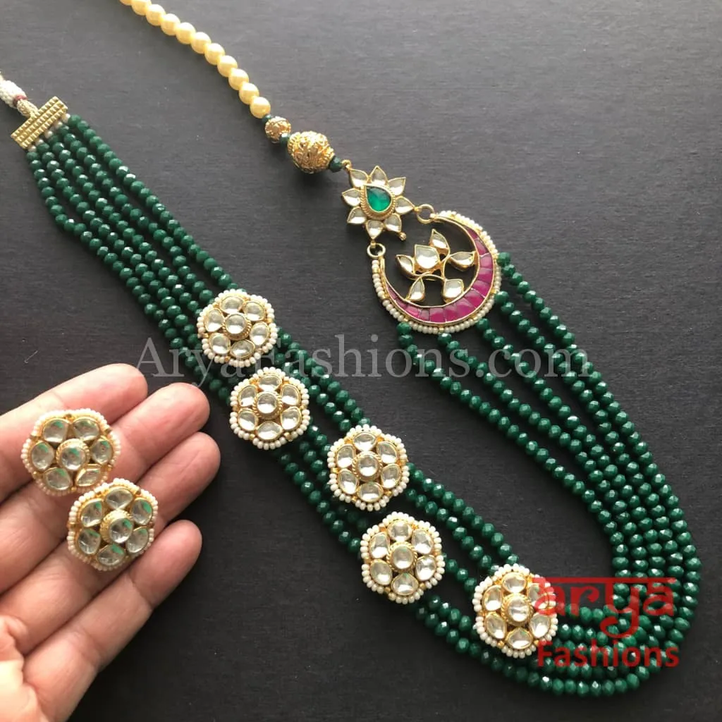 Roza Emerald Green Long Beads Necklace/ Jaipuri Green Ruby Kundan Necklace