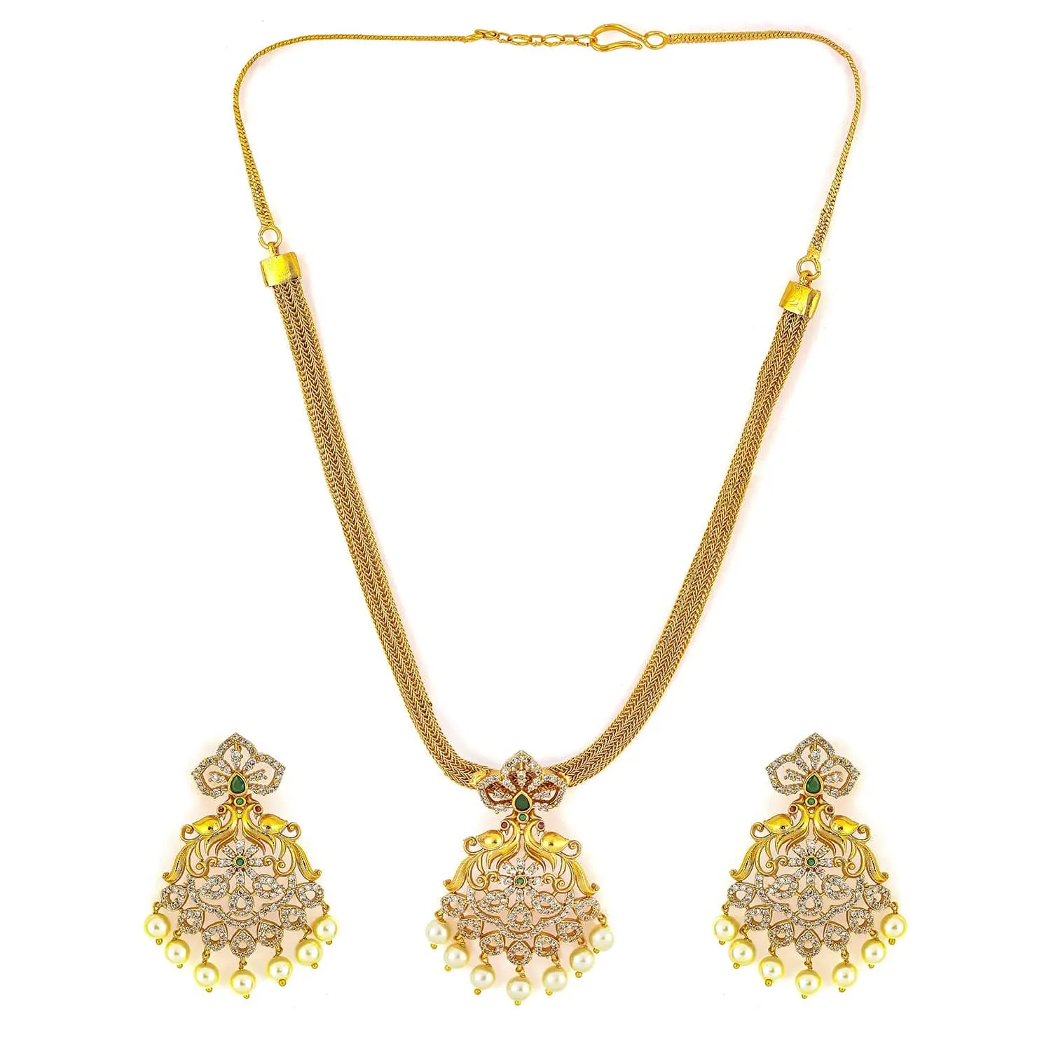 Rubans 22K Gold-Plated Emerald Green & Cubic Zirconia Studded Necklace Set with Pearl Accents