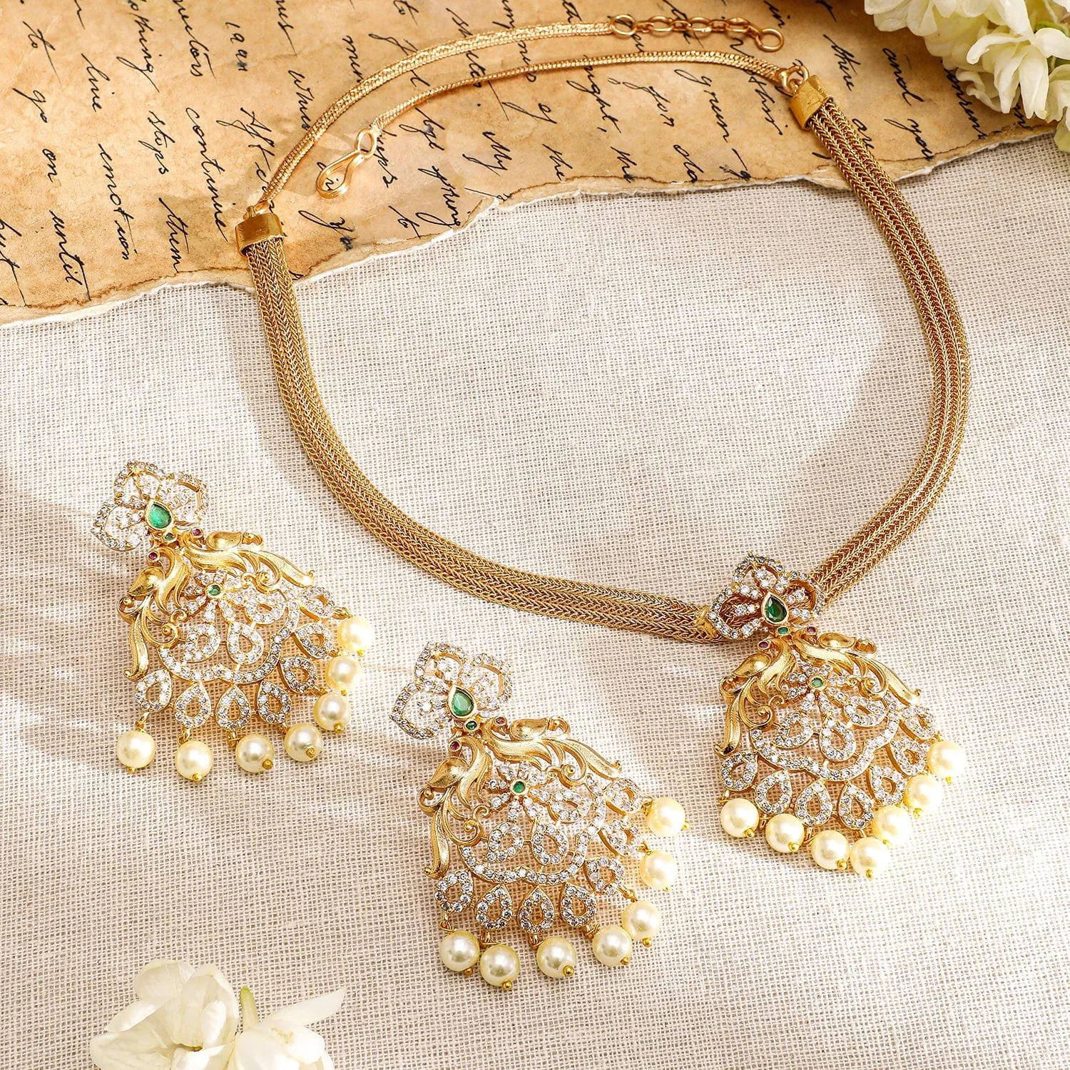 Rubans 22K Gold-Plated Emerald Green & Cubic Zirconia Studded Necklace Set with Pearl Accents
