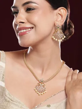 Rubans 22K Gold-Plated Emerald Green & Cubic Zirconia Studded Necklace Set with Pearl Accents