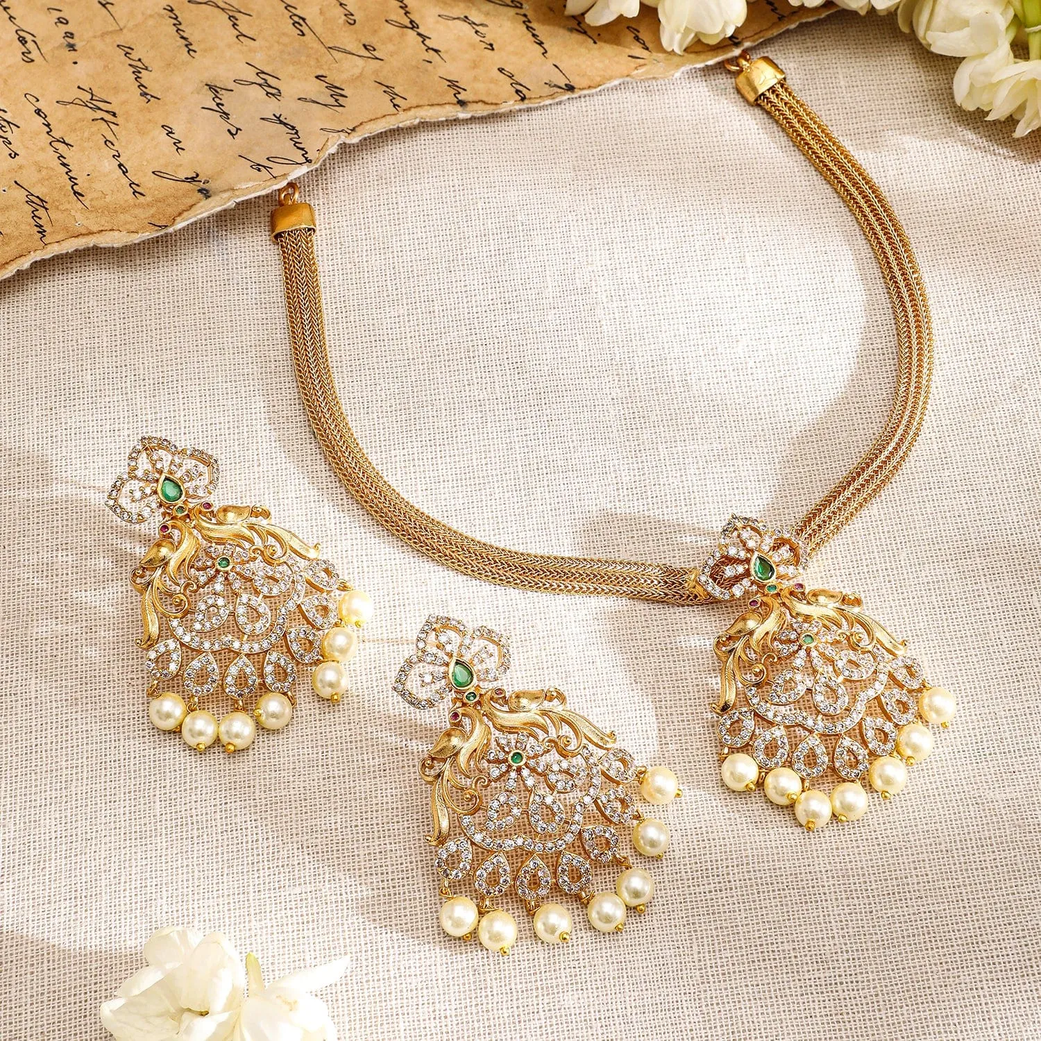 Rubans 22K Gold-Plated Emerald Green & Cubic Zirconia Studded Necklace Set with Pearl Accents