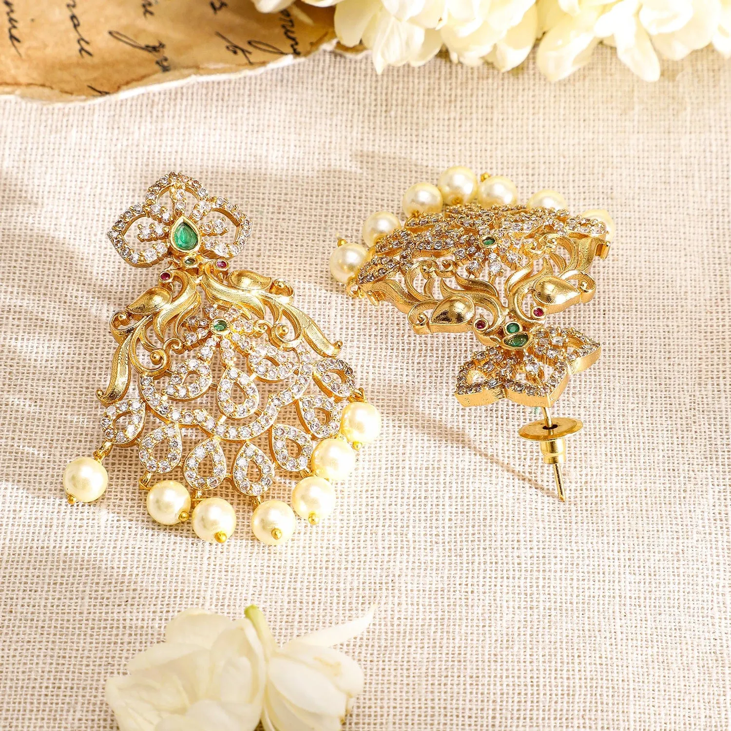 Rubans 22K Gold-Plated Emerald Green & Cubic Zirconia Studded Necklace Set with Pearl Accents