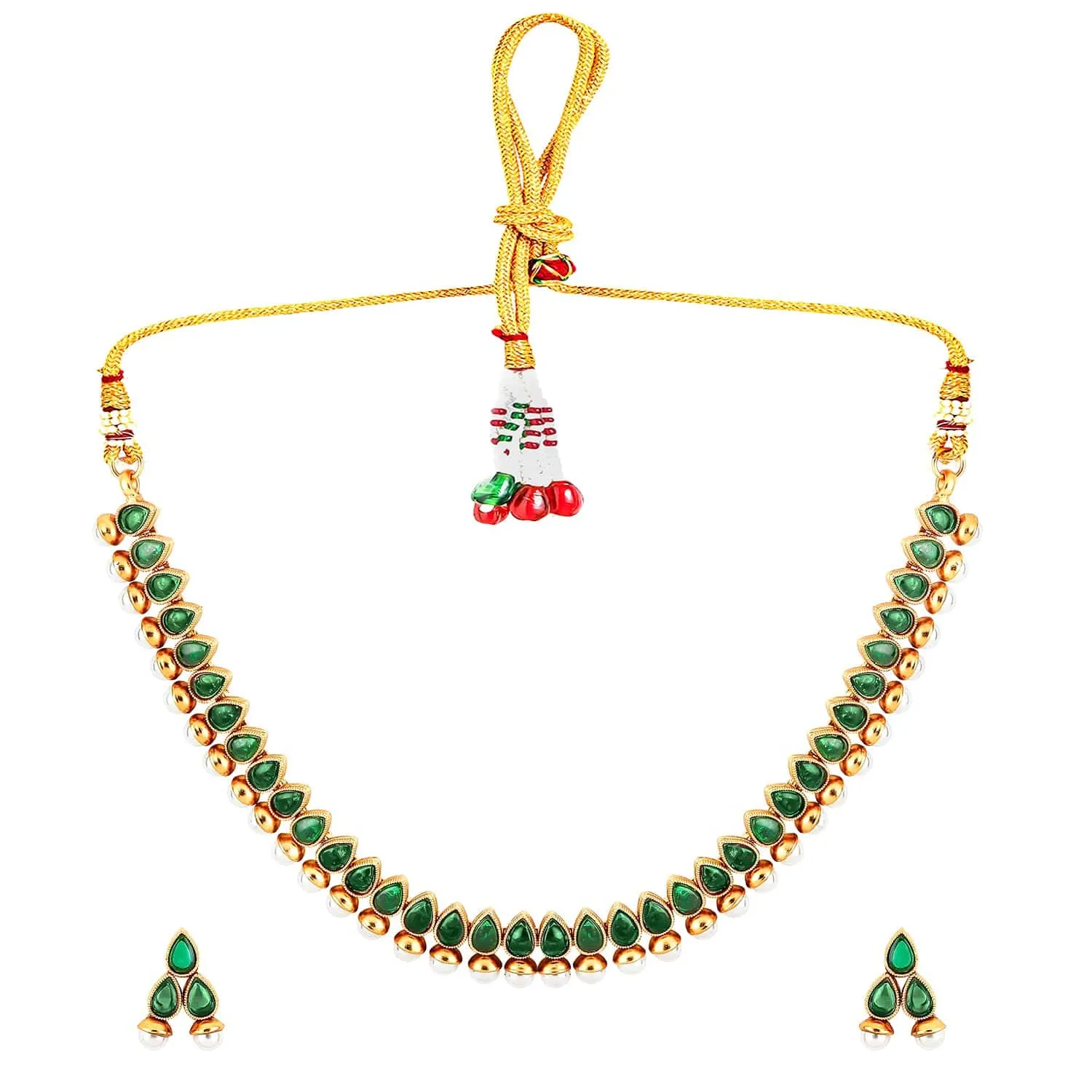 Rubans 22K Gold-Plated Green Stone & Pearl Beaded Traditional Jewellery Set