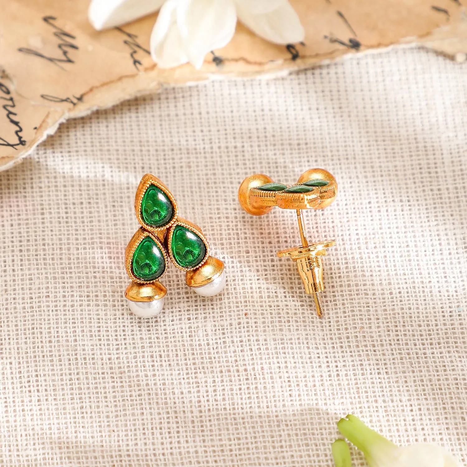 Rubans 22K Gold-Plated Green Stone & Pearl Beaded Traditional Jewellery Set