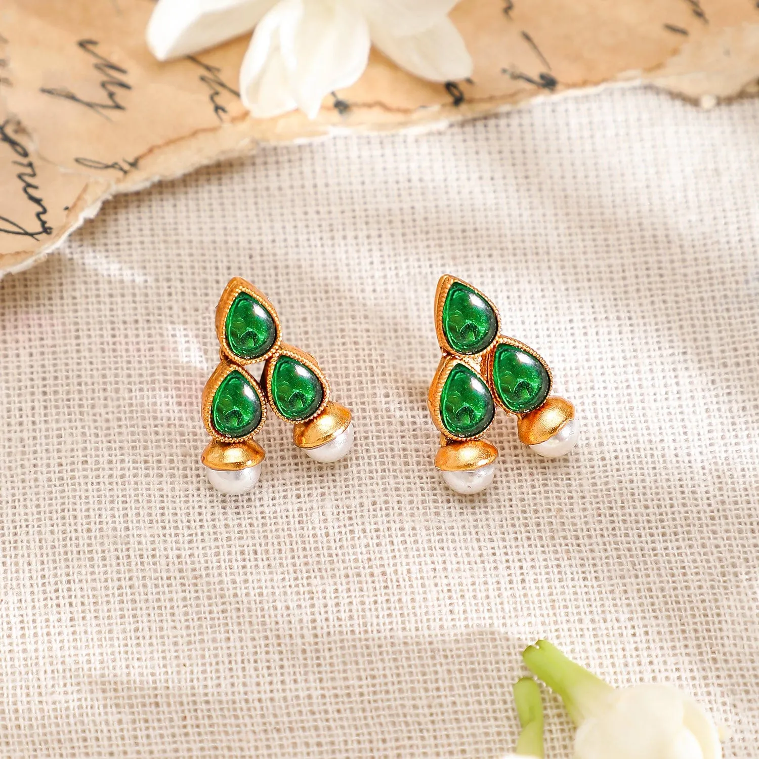 Rubans 22K Gold-Plated Green Stone & Pearl Beaded Traditional Jewellery Set