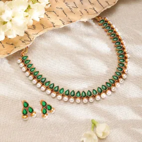 Rubans 22K Gold-Plated Green Stone & Pearl Beaded Traditional Jewellery Set