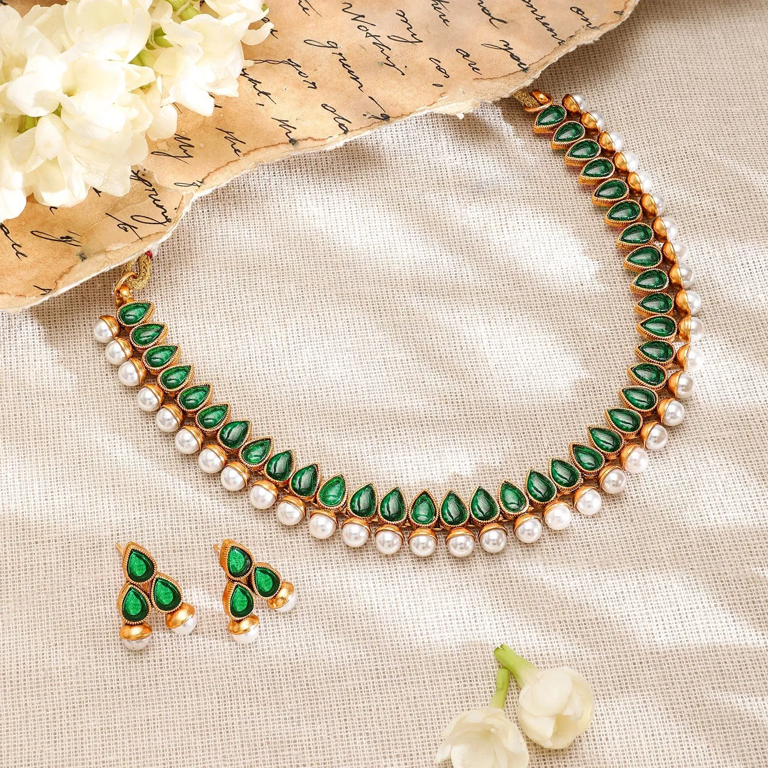 Rubans 22K Gold-Plated Green Stone & Pearl Beaded Traditional Jewellery Set