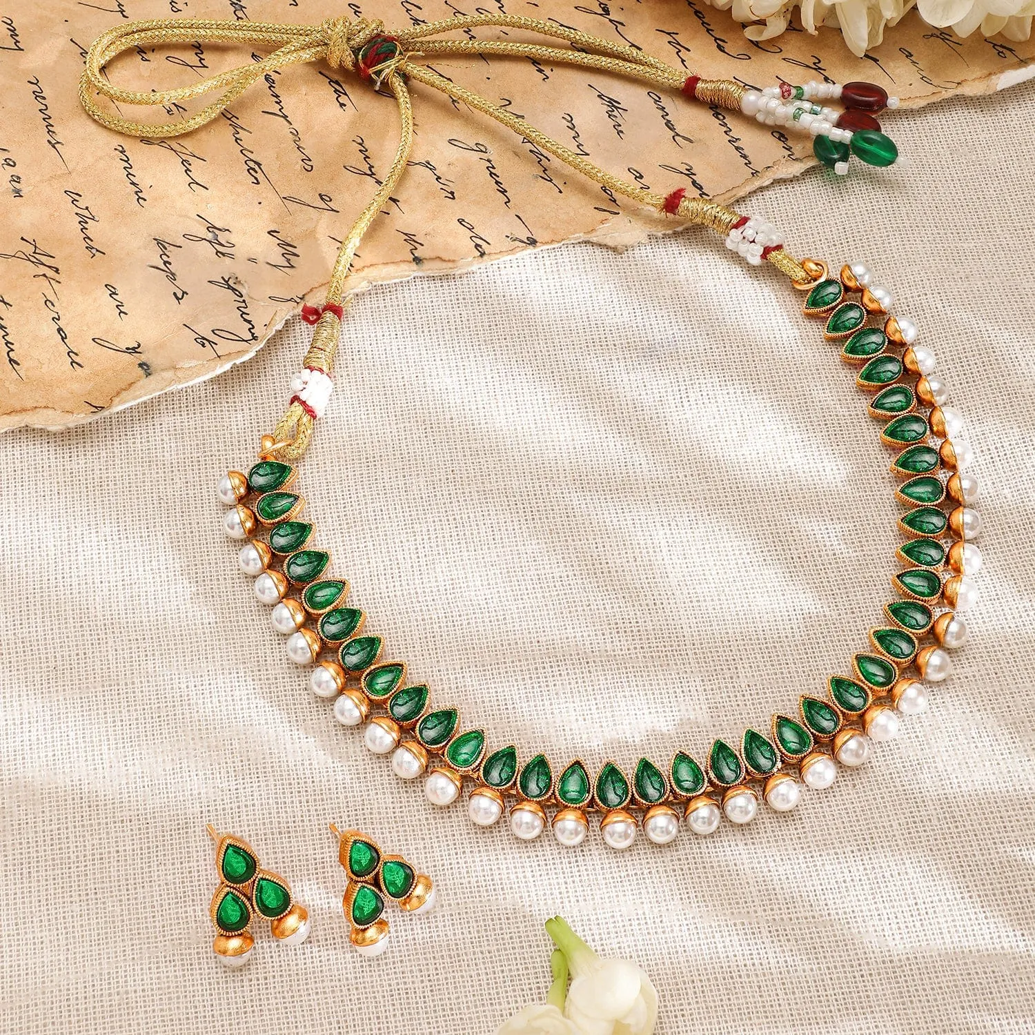 Rubans 22K Gold-Plated Green Stone & Pearl Beaded Traditional Jewellery Set