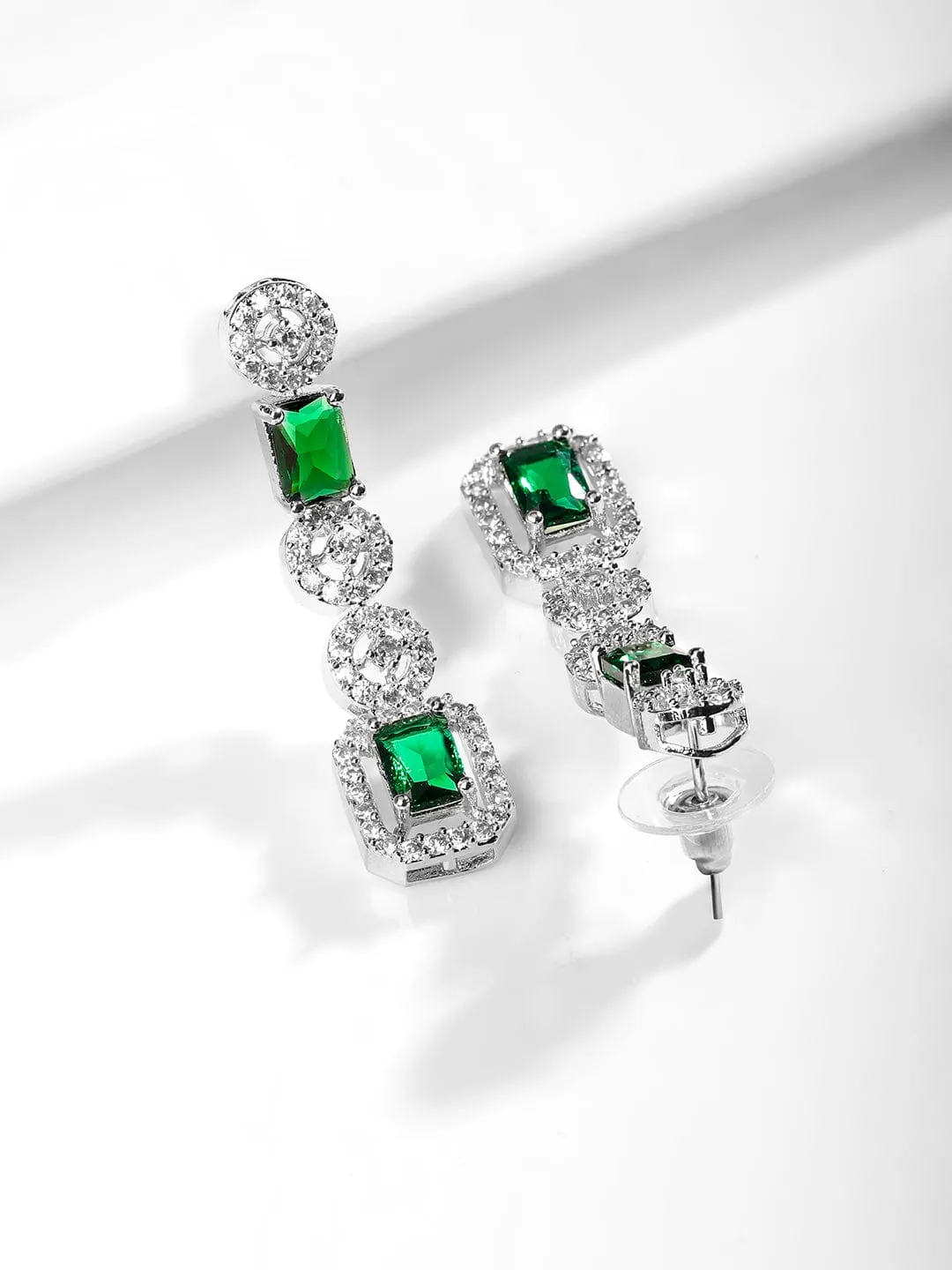 Rubans Rhodium Plated Emerald & Cubic Zirconia Studded Premium Jewellery Set