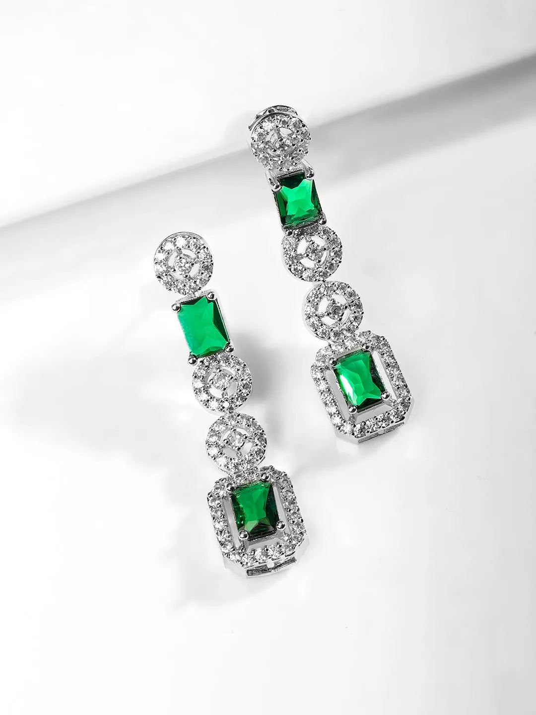 Rubans Rhodium Plated Emerald & Cubic Zirconia Studded Premium Jewellery Set