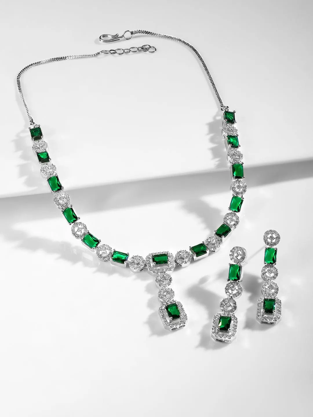 Rubans Rhodium Plated Emerald & Cubic Zirconia Studded Premium Jewellery Set