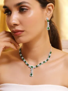 Rubans Rhodium Plated Emerald & Cubic Zirconia Studded Premium Jewellery Set