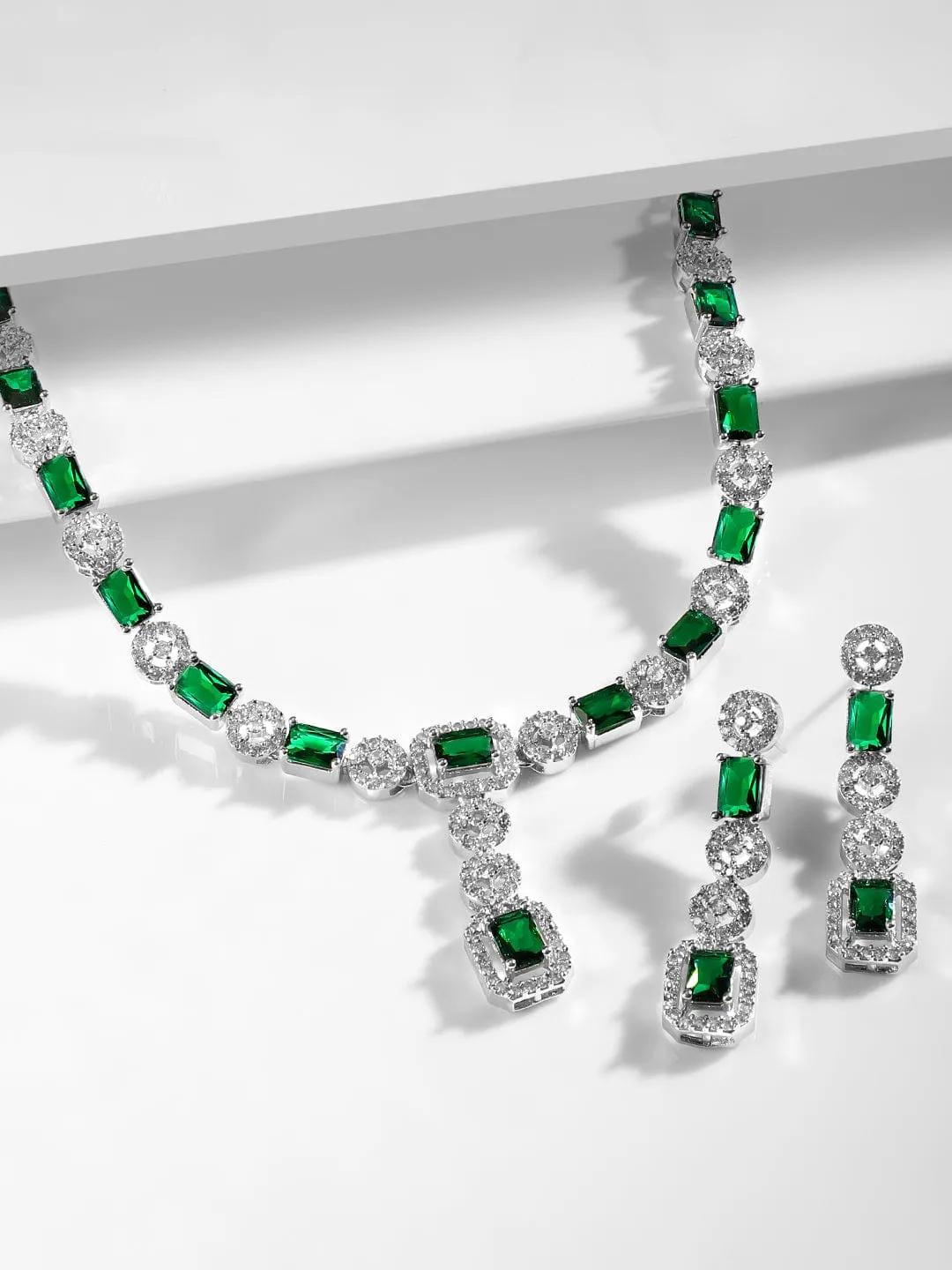 Rubans Rhodium Plated Emerald & Cubic Zirconia Studded Premium Jewellery Set