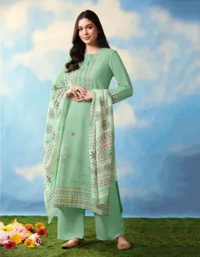 Saadgi Cambric Cotton Women Unstitched Green Suit Set