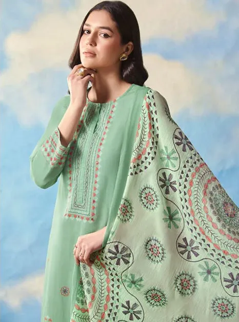 Saadgi Cambric Cotton Women Unstitched Green Suit Set