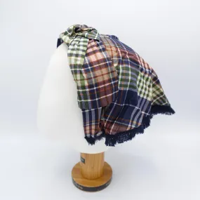 scarf headband, hair covering headband, fringe trim headband, plaid top knot headband