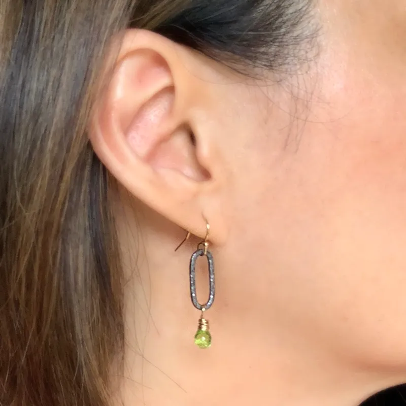 Silver and Gold Oval and Green Peridot Drop Earrings