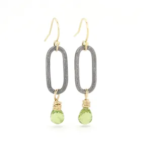 Silver and Gold Oval and Green Peridot Drop Earrings