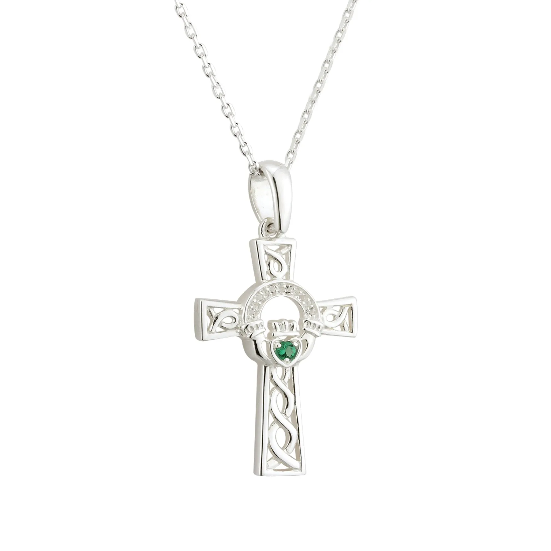 Silver Green Crystal Claddagh Cross Necklace