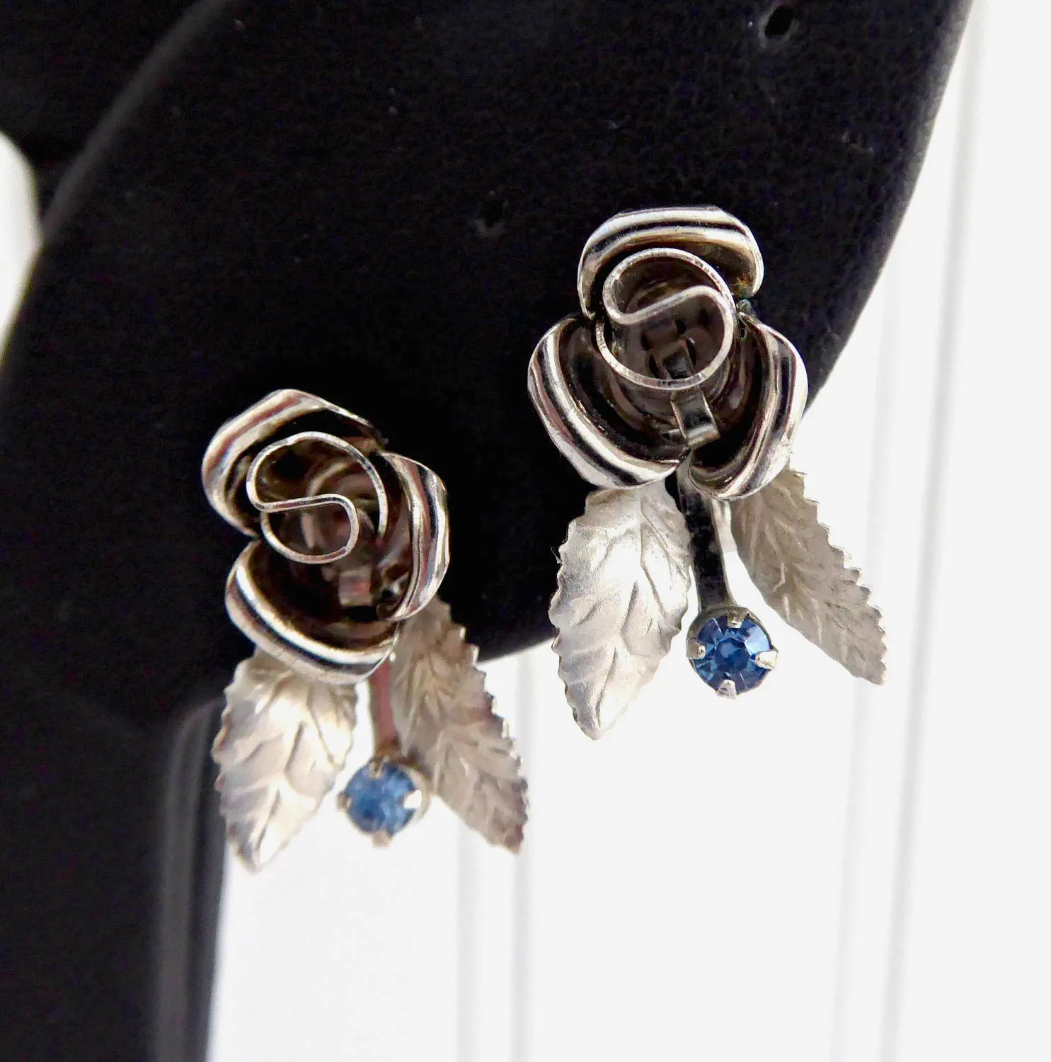 Silver Rose Earrings 1950s Ice Blue Rhinestones Figural Screw Back