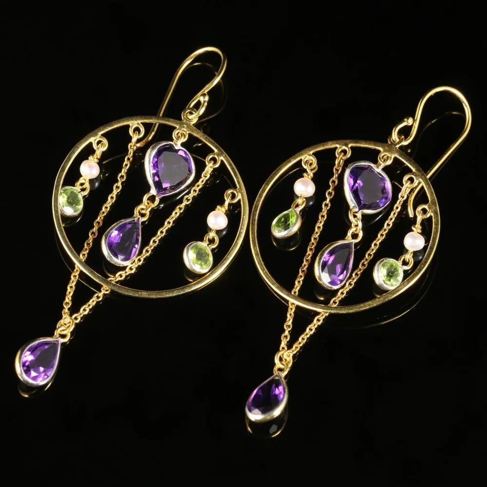 Suffragette Earrings Amethyst Peridot Pearl 18Ct Gold On Silver
