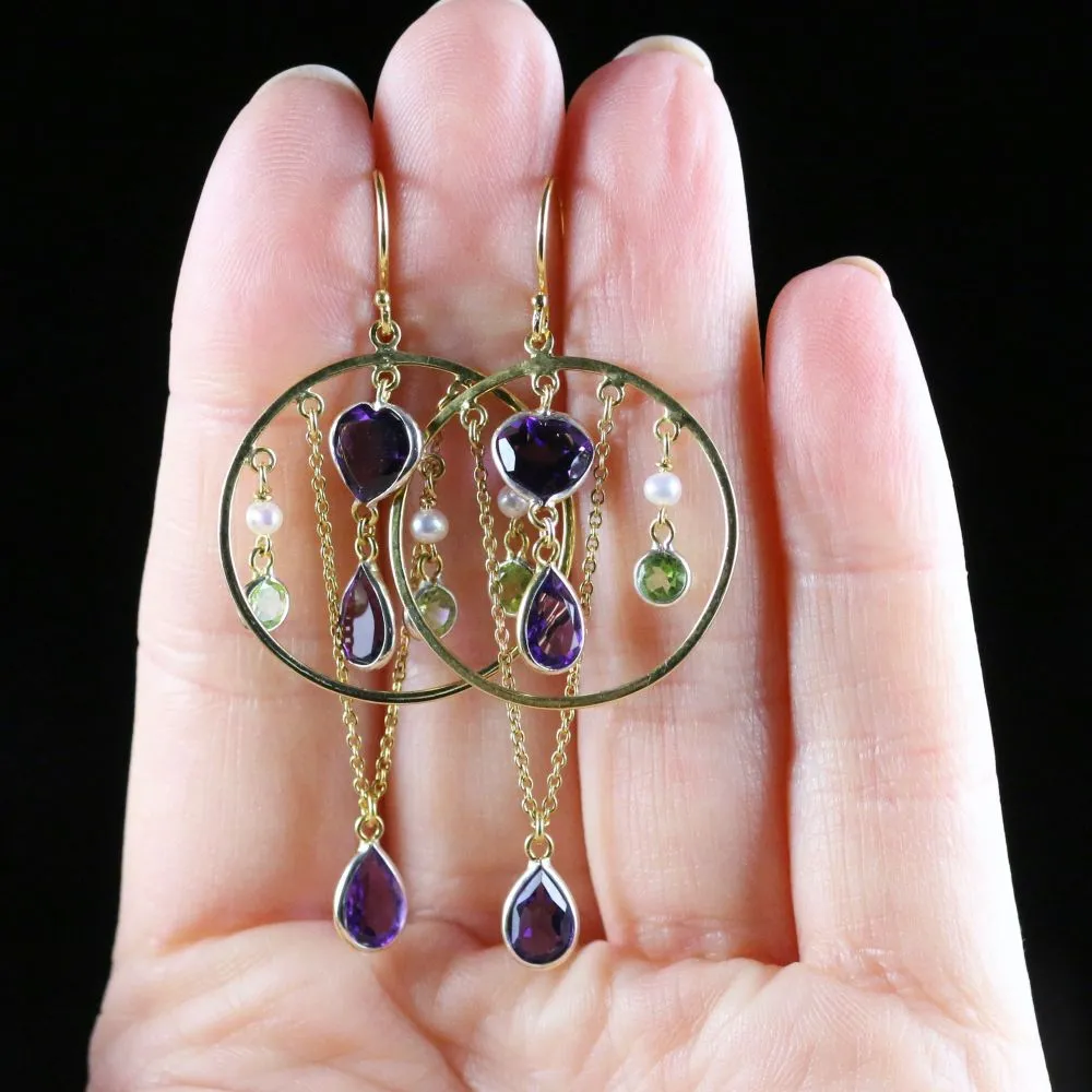Suffragette Earrings Amethyst Peridot Pearl 18Ct Gold On Silver