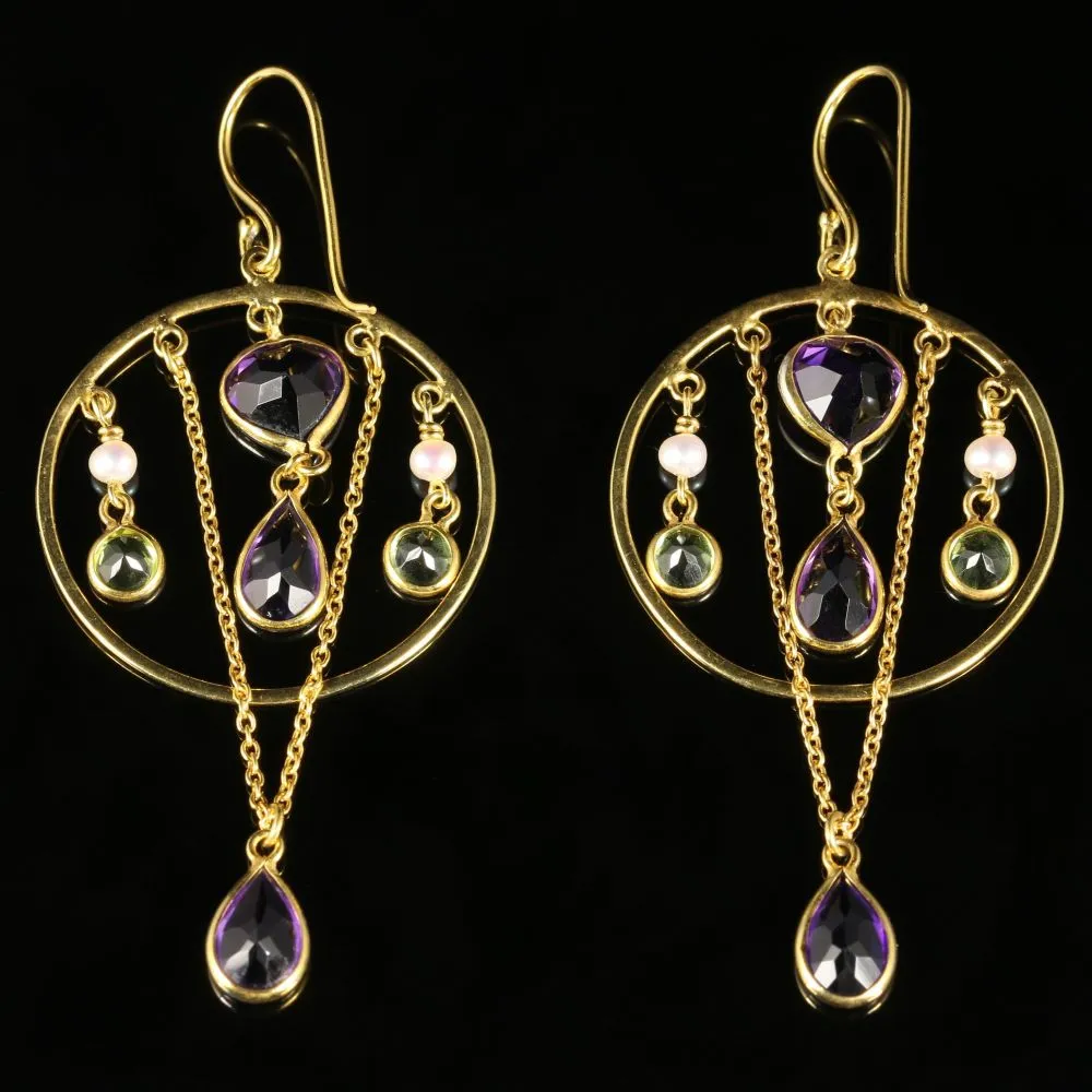 Suffragette Earrings Amethyst Peridot Pearl 18Ct Gold On Silver