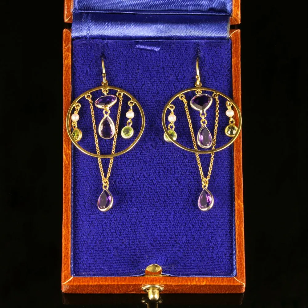 Suffragette Earrings Amethyst Peridot Pearl 18Ct Gold On Silver