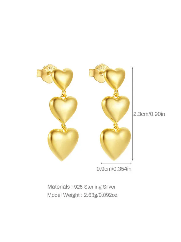 Three Heart Drop Earrings 925 Sterling Silver Luxury Hypoallergenic Dangle Earrings