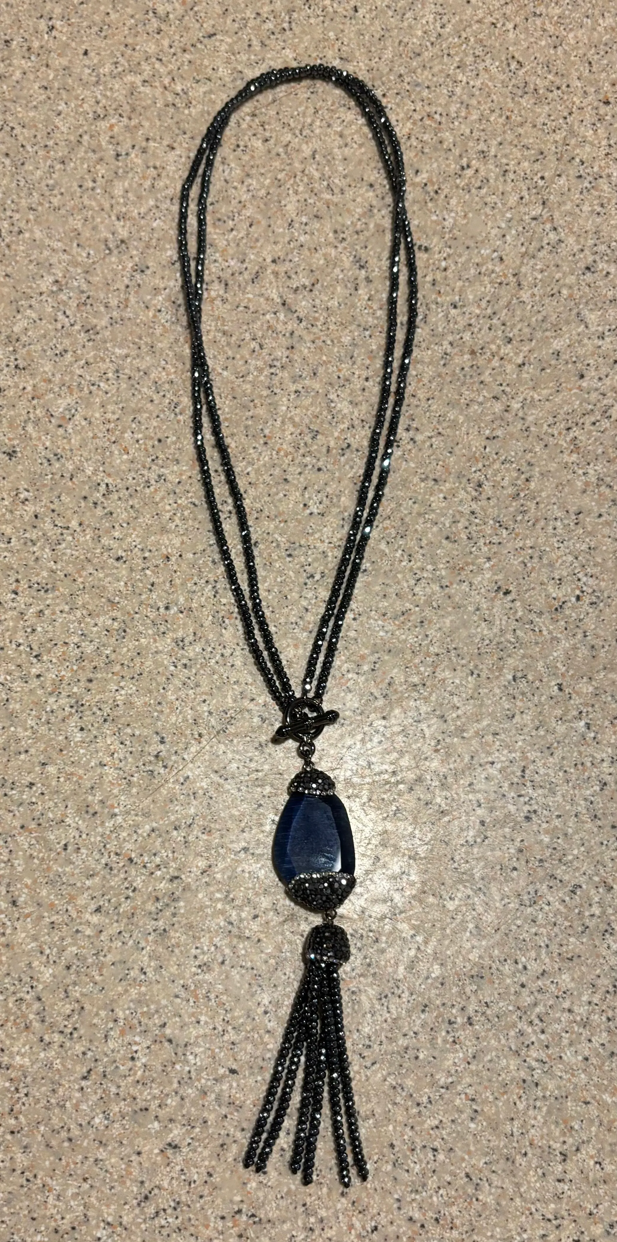 Toggle Hematite Necklace with Green Cat Eye Pendant
