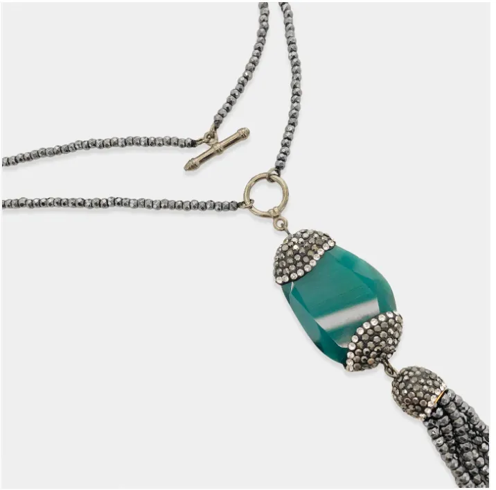 Toggle Hematite Necklace with Green Cat Eye Pendant