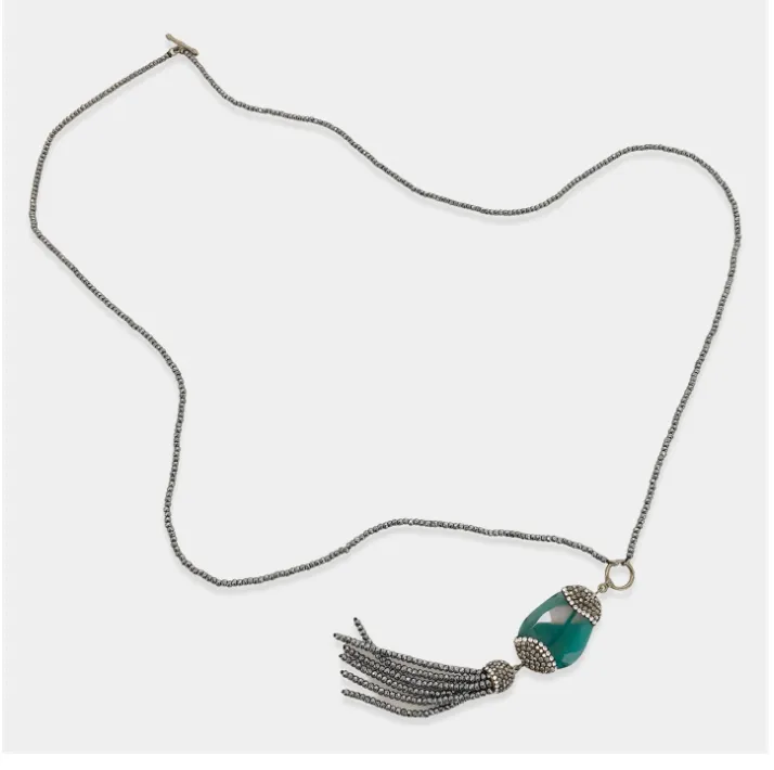 Toggle Hematite Necklace with Green Cat Eye Pendant