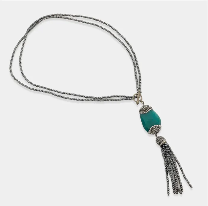Toggle Hematite Necklace with Green Cat Eye Pendant