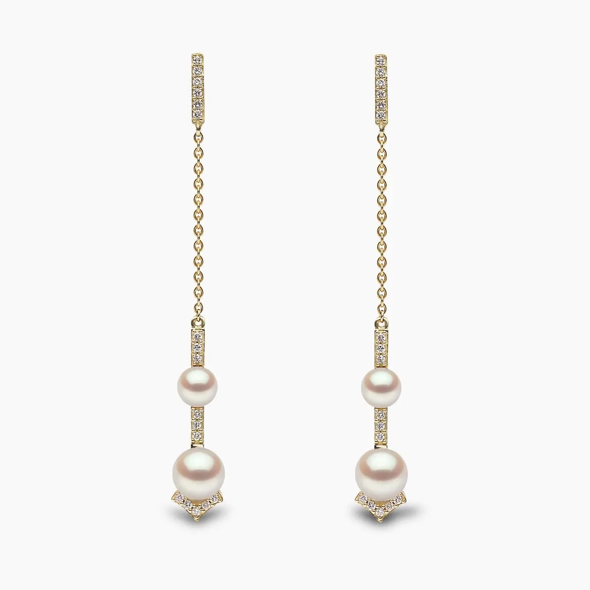 Trend 18K Gold Double Freshwater Pearl and Diamond V Chain Earrings